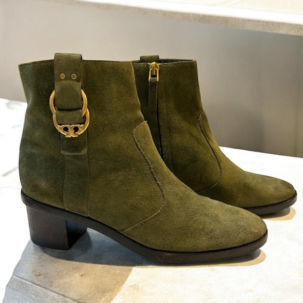 Tory Burch Olive Green Genuine Suede Leather Ankle Boots with Gold Hardware